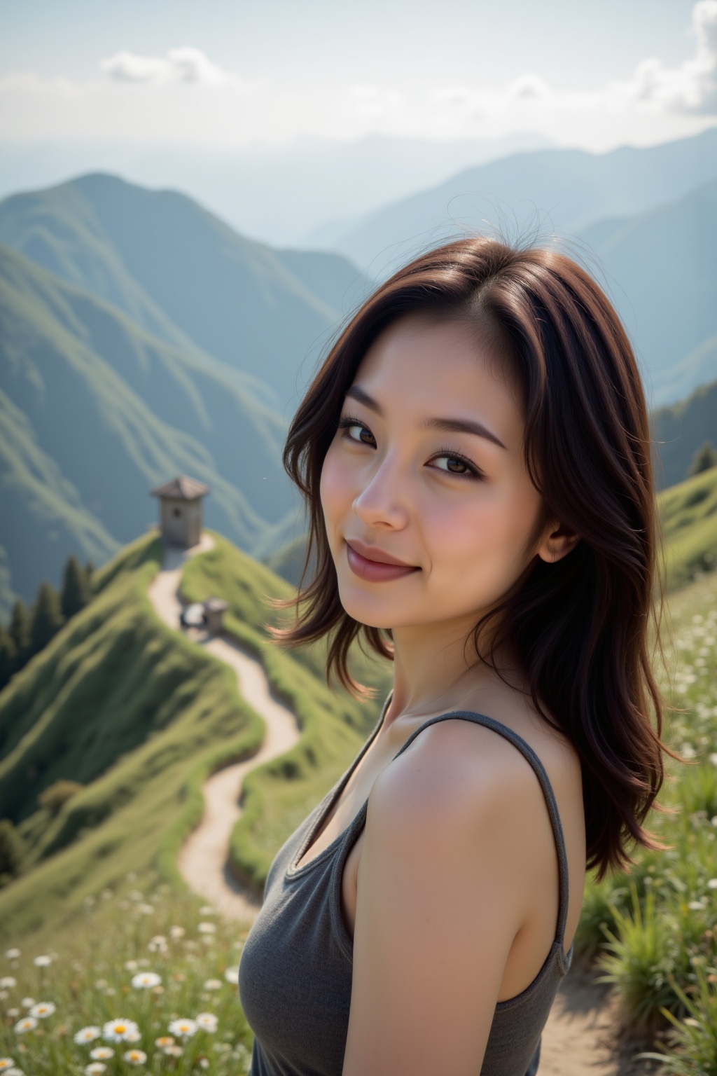 A serene mountain landscape with lush green hills and scattered wildflowers. A young Asian woman,  radiating confidence an...