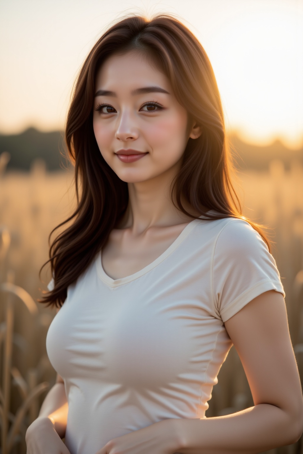A soft,  warm glow illuminates the upper body of a Korean woman,  her dark brown hair framing her gentle features. A subtl...