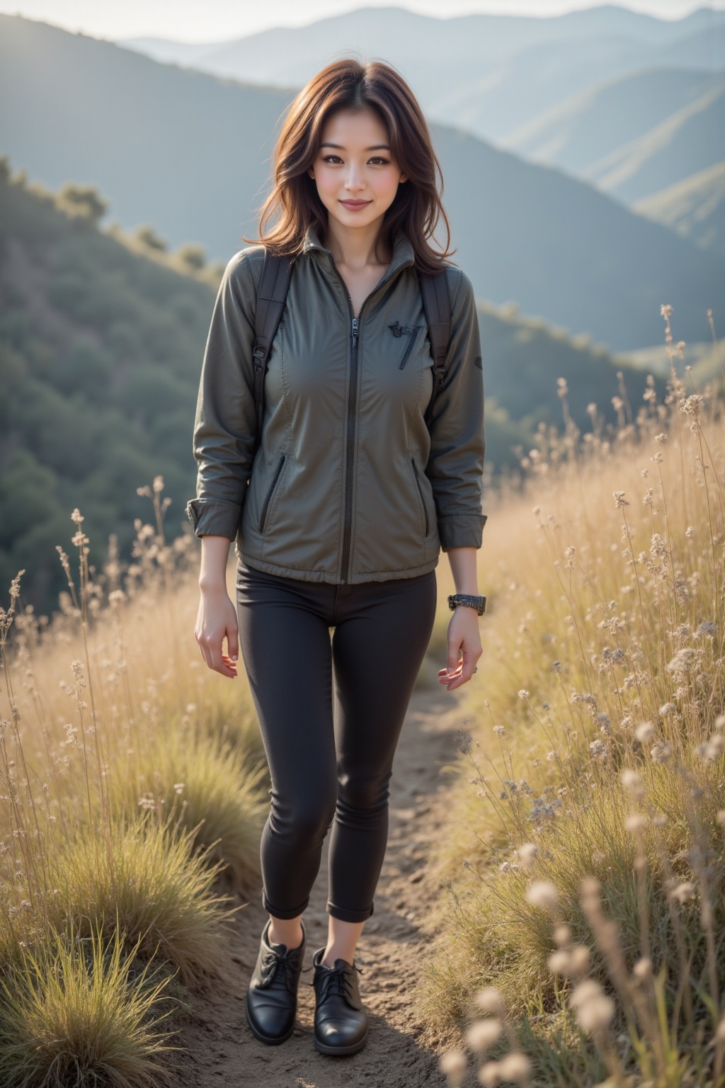 a young Asian woman,  stunning,  hiking in hill on Tensor.Art