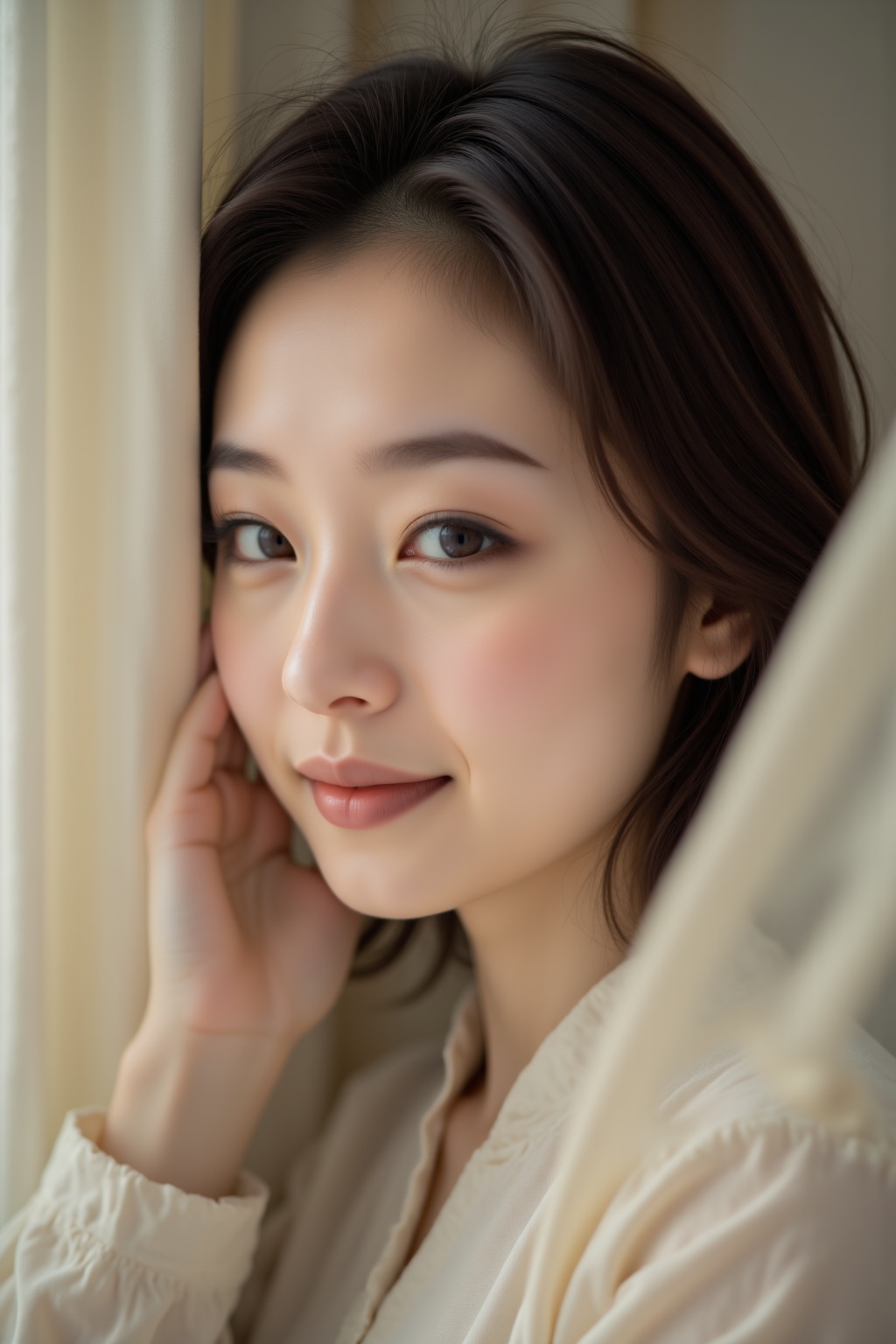 Serene half-lit portrait of an Asian woman,  youthful features softly illuminated,  capturing enigmatic quiet confidence....