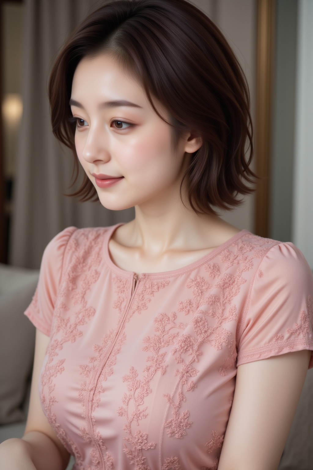 A young Asian woman with brown hair sits in a side angle close-up,  her face tilted upward to reveal delicate features. Sh...