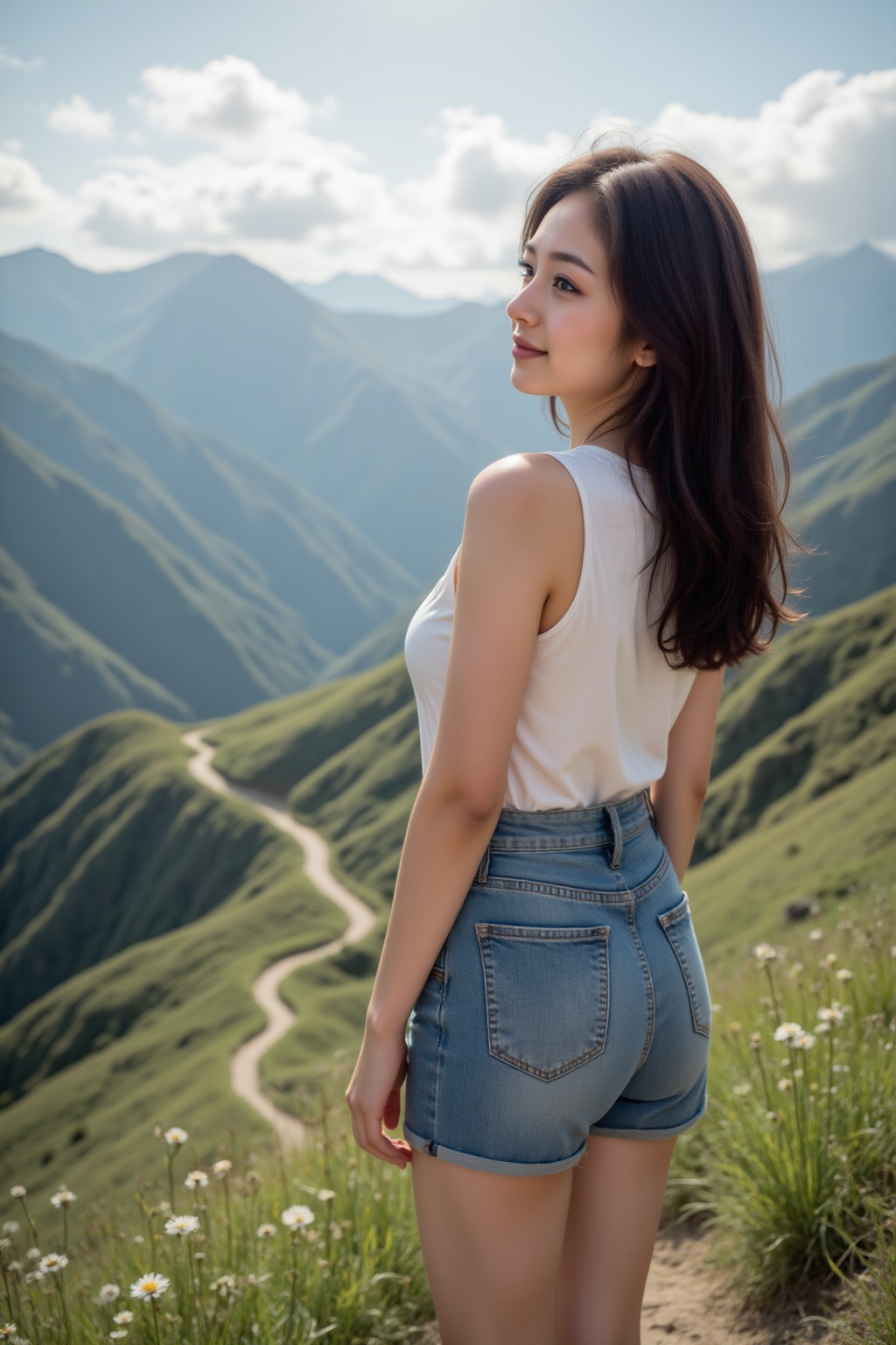 A serene mountain landscape with lush green hills and scattered wildflowers. A young Asian woman,  radiating confidence an...