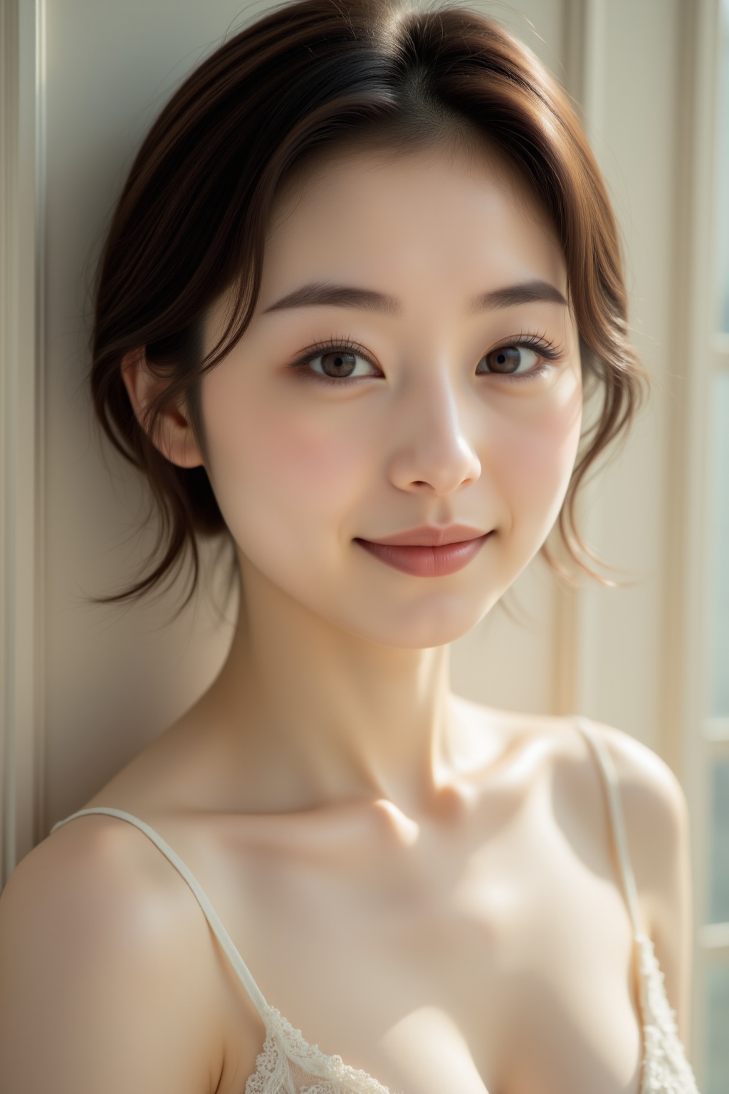 Serene half-lit portrait of an Asian woman,  youthful features softly illuminated,  capturing enigmatic quiet confidence....