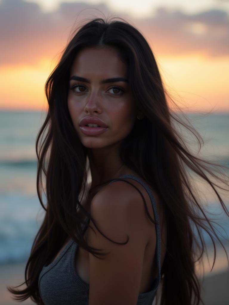 Woman with long black hair. She stands near the ocean at sunset,  her hair flowing in the soft wind. The sky is a mix of w...