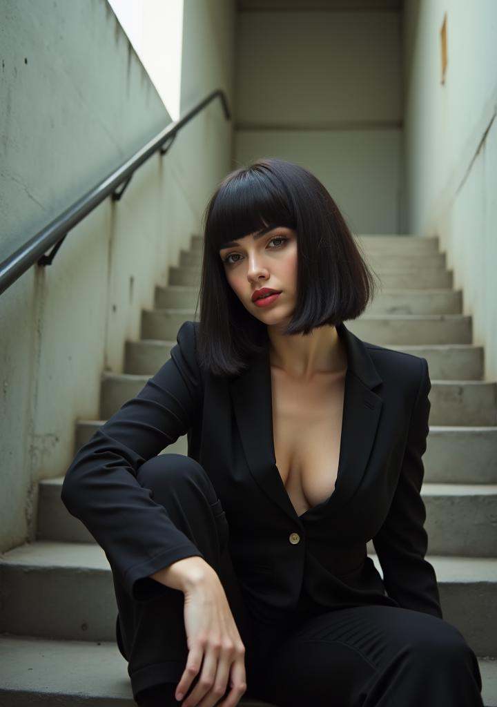Woman with a bob cut and bold bangs,  sitting on a stairwell in an industrial building. The space is minimalistic,  with s...