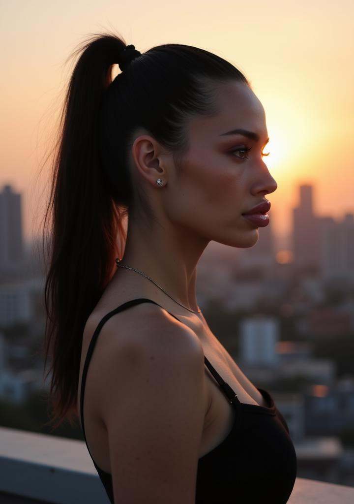 A woman with jet-black hair in a tight ponytail,  standing on a rooftop at dawn. The city skyline stretches far behind her...