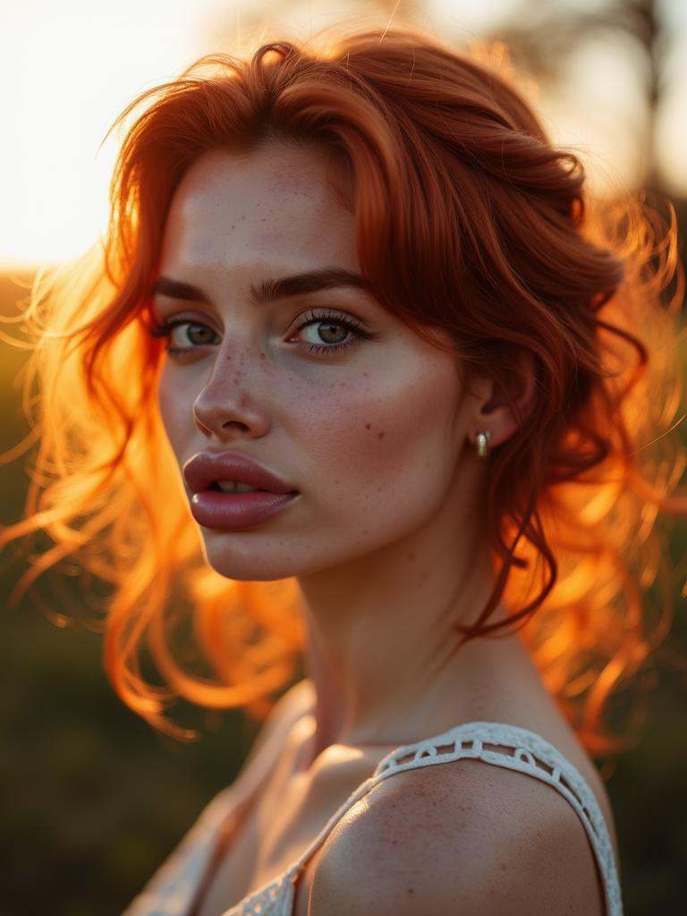 Woman with wild red hair. photo. Golden hour sunlight. Earthy color palette. Romantic. Portrait photo with washed out colo...