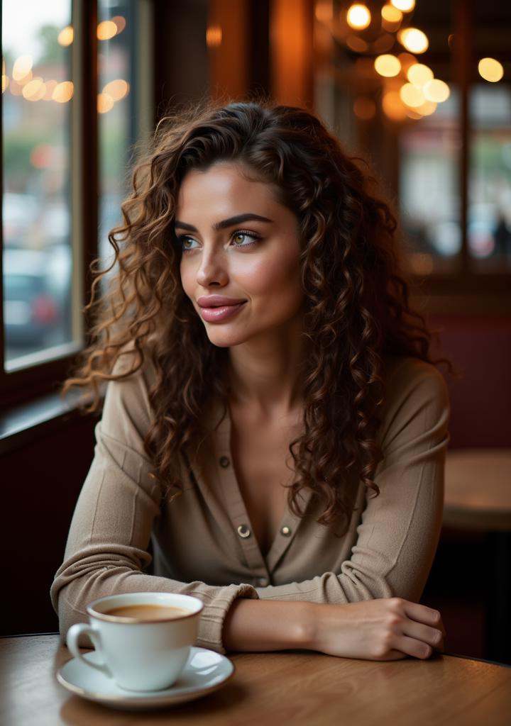 A woman with curly brown hair sitting at a vintage café table. A cup of tea rests in front of her,  and she gazes thoughtf...