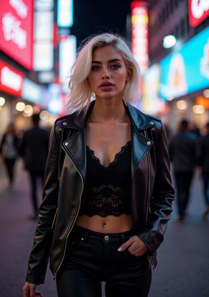 Woman with platinum blonde hair,  wearing a chic black leather jacket. She's walking along a busy city street at night,  s...