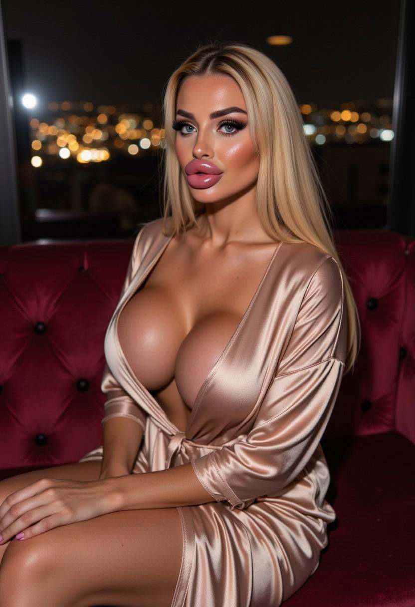 Woman with blonde hair,  sitting on a plush velvet couch in a luxurious apartment. The city lights twinkle outside the win...