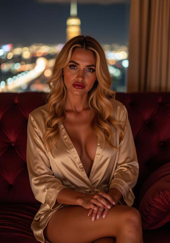 Woman with blonde hair,  sitting on a plush velvet couch in a luxurious apartment. The city lights twinkle outside the win...