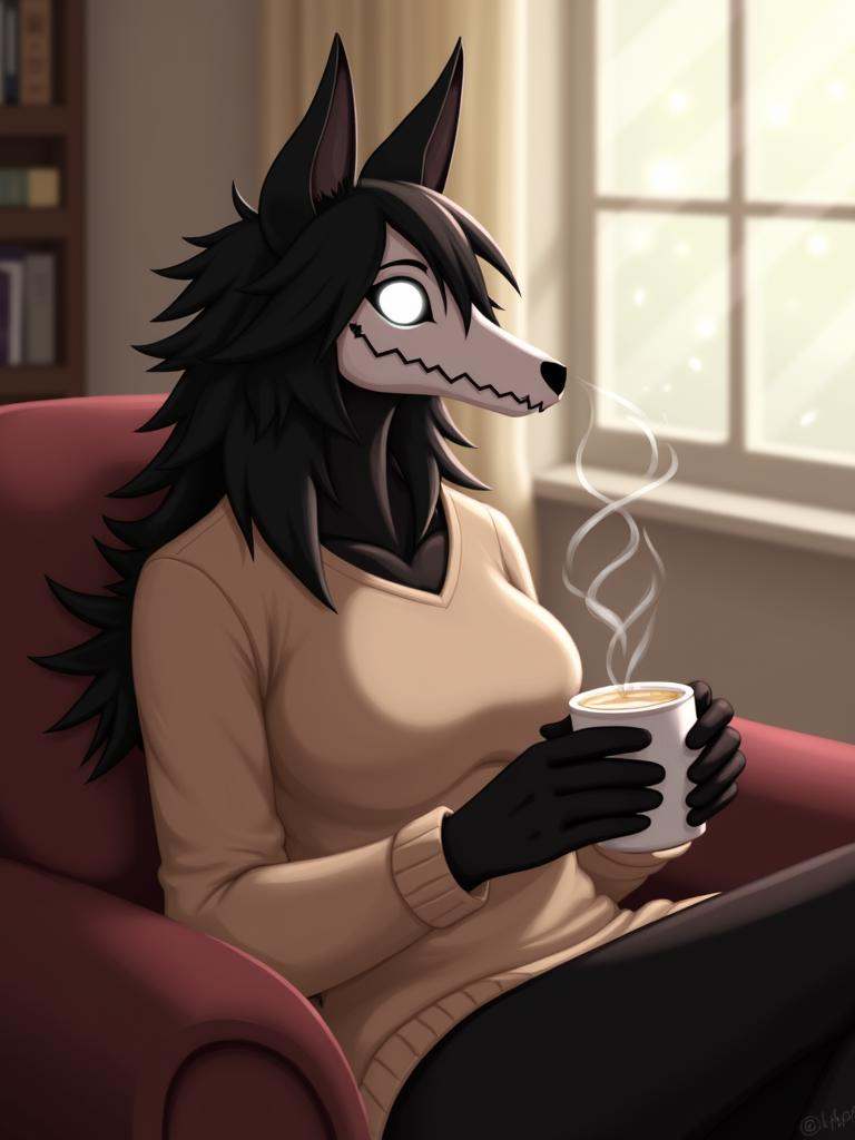 A digital artwork of scp-1471,  a female monster with a canine skull head and glowing eyes. In a cozy living room,  soft m...