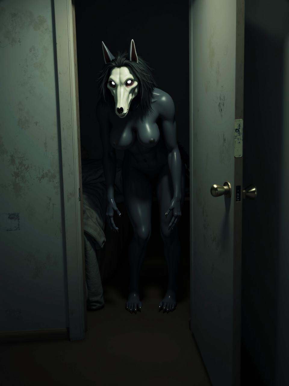 A digital artwork of scp-1471,  a female monster with a canine skull head. A rundown motel room at night,  the walls stain...