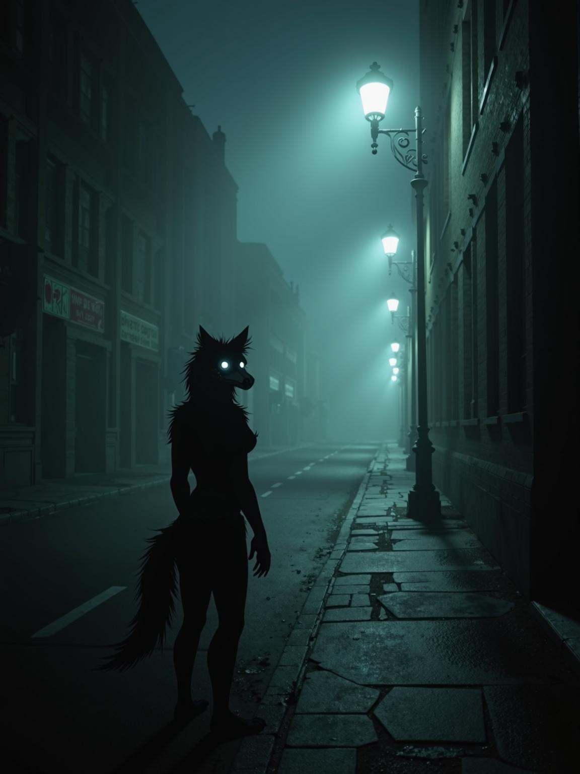 A foggy,  abandoned city street at midnight,  lit only by flickering streetlights. Shadows stretch long across the cracked...
