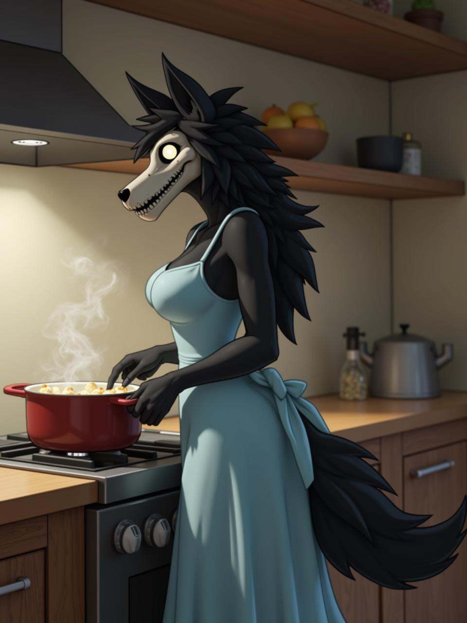 A digital artwork of scp-1471,  a female monster with a canine skull head and glowing pupils. In a quaint kitchen with rus...