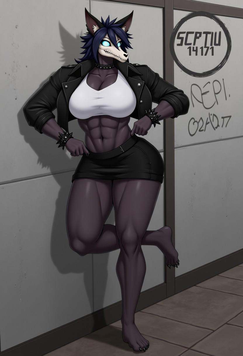 This anime-inspired artwork showcases a muscular female monster named SCP-1471. She has an elongated canine skull with blu...