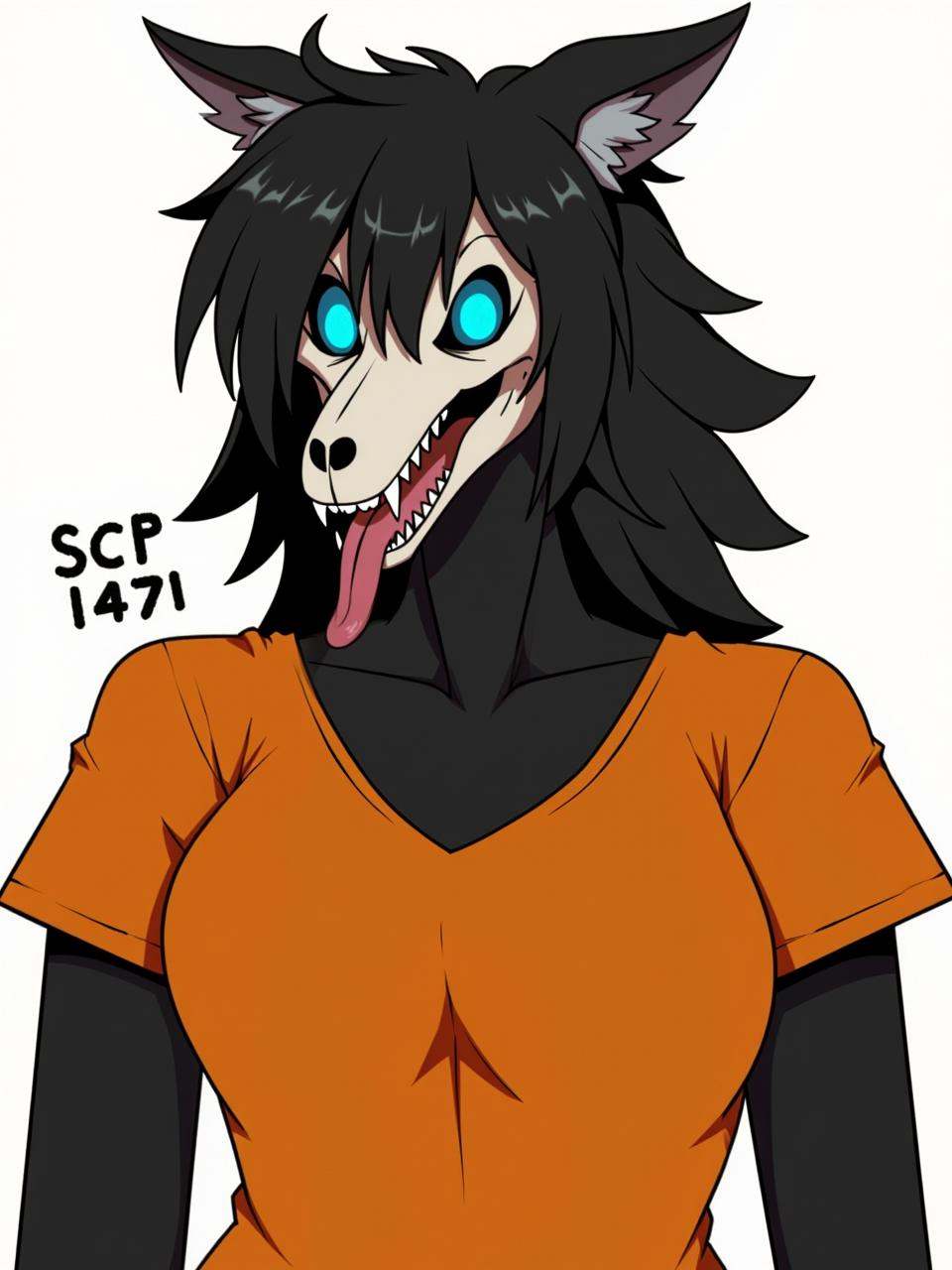 A picture of a female monster named SCP-1471. She has an elongated canine skull with blue glowing pupils and a black fur....