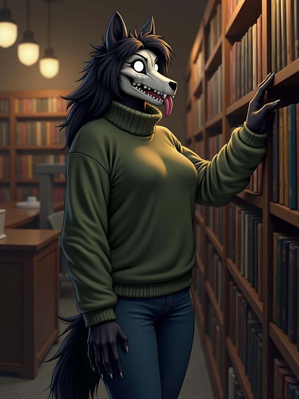 A digital artwork of scp-1471,  a female monster with a canine skull head and glowing pupils. She sticks her tongue out. I...