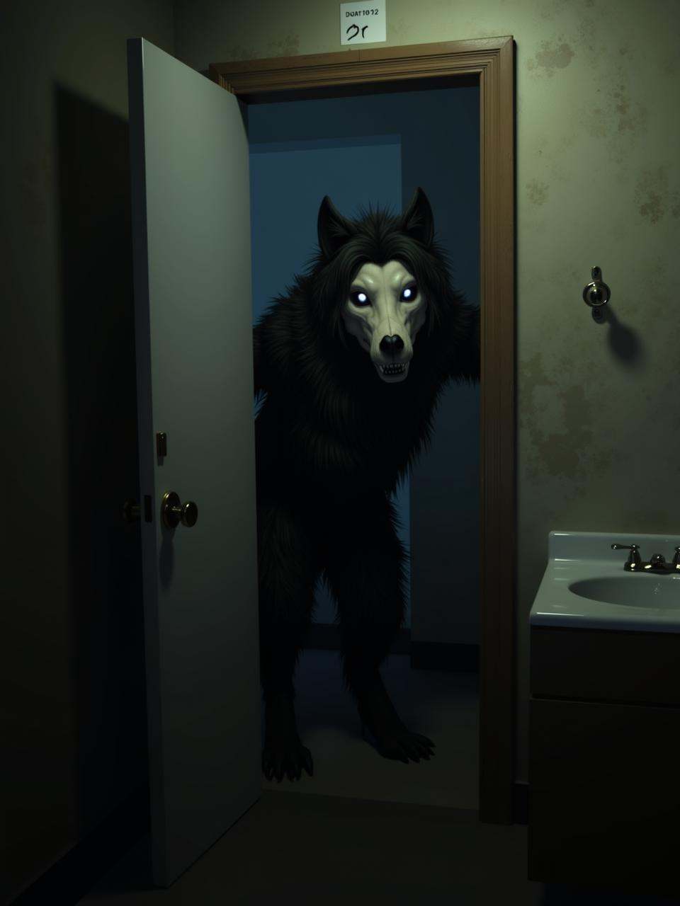 A digital artwork of scp-1471,  a female monster with a canine skull head. A rundown motel room at night,  the walls stain...