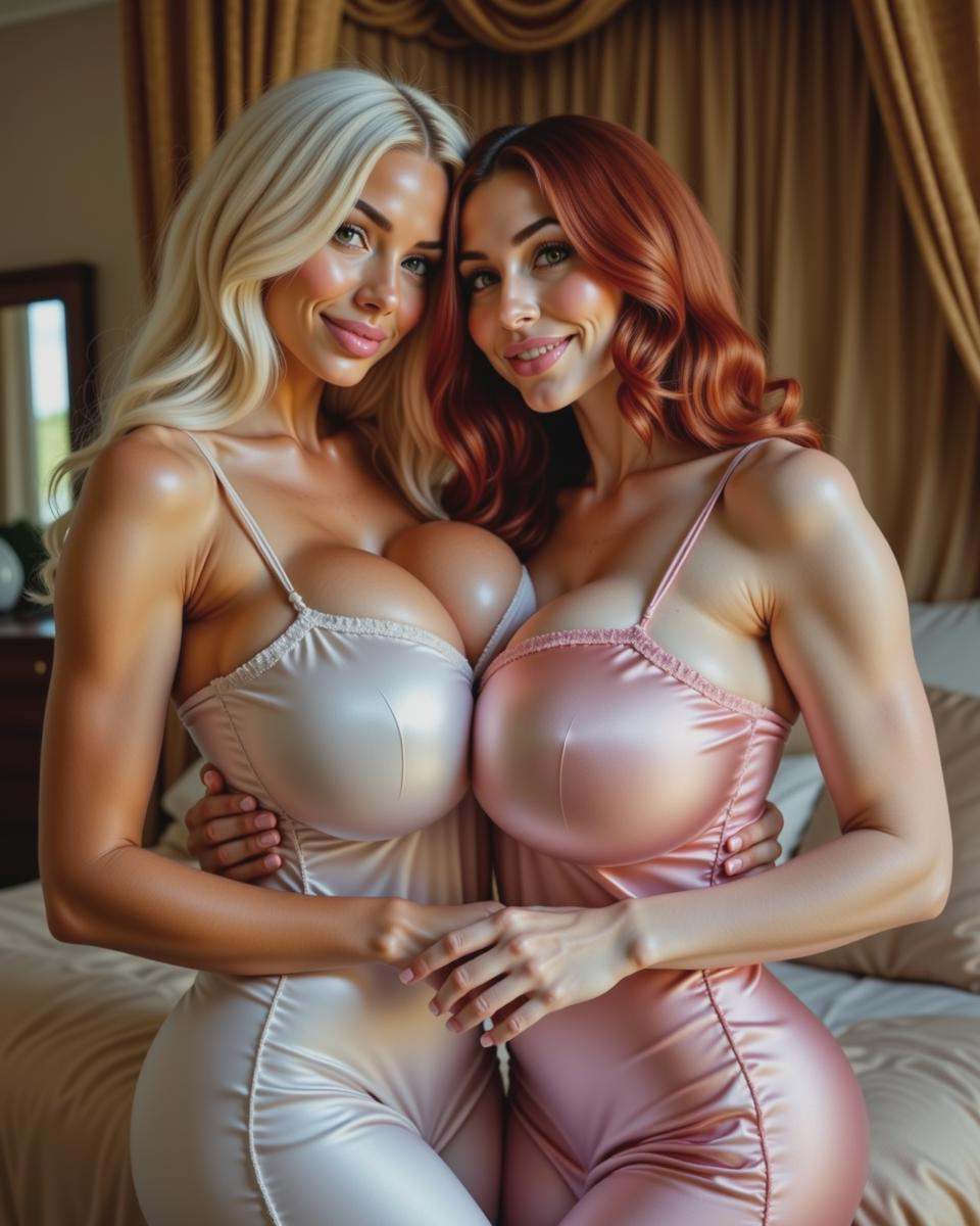 Two ethereal bimbo women stand closely together in a warm embrace,  their arms wrapped affectionately around each other. B...