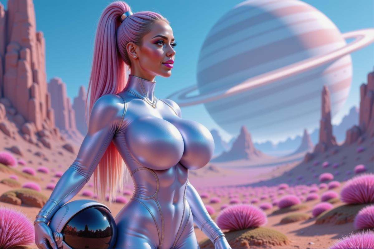 An ethereal bimbo woman in a sleek,  form-fitting futuristic spacesuit stands confidently on the surface of an alien plane...