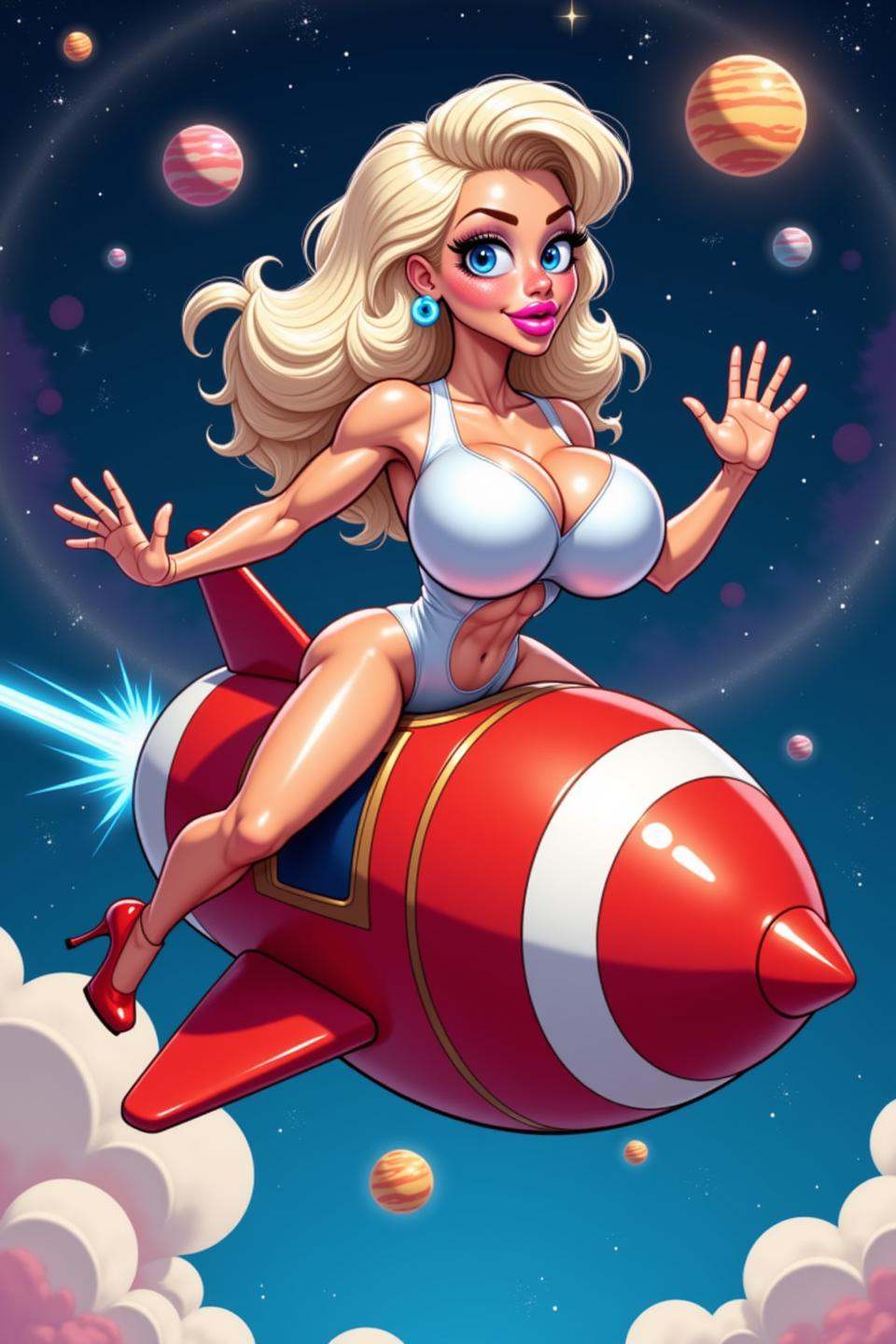 An ethereal bimbo woman in a playful pin-up pose,  riding a sleek cartoon rocket soaring through a starry space backdrop....