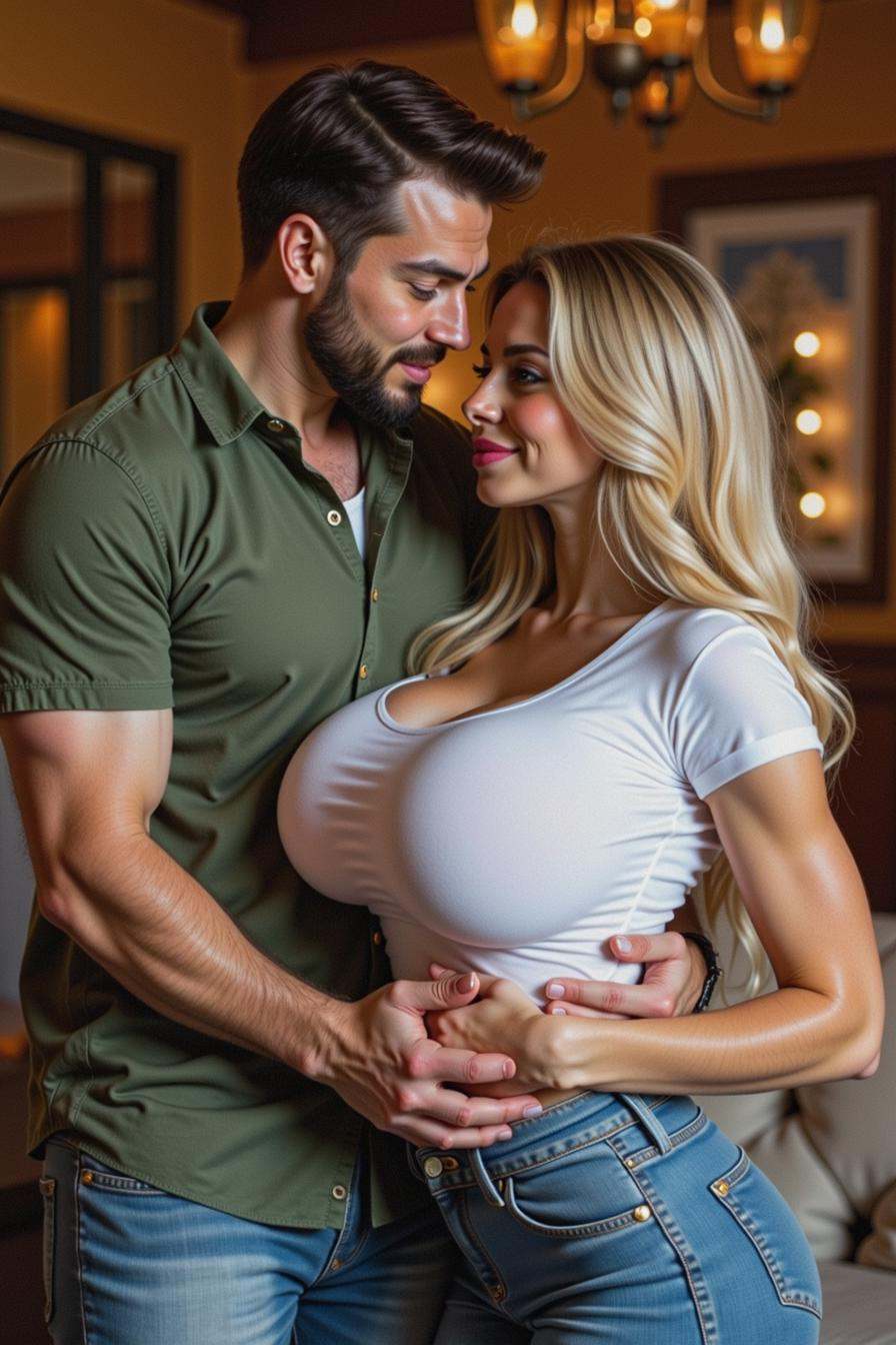 A man stands closely behind an ethereal bimbo woman,  his arms wrapped around her in a tender yet playful hug. Her big bre...