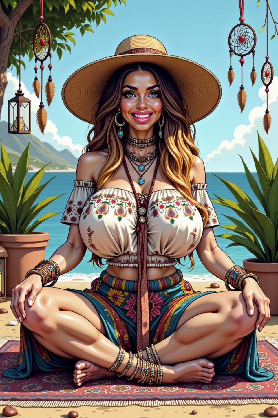 A drawing of an ethereal bimbo woman with exaggerated curves and very large,  round fake breasts,  depicted in a comic sty...