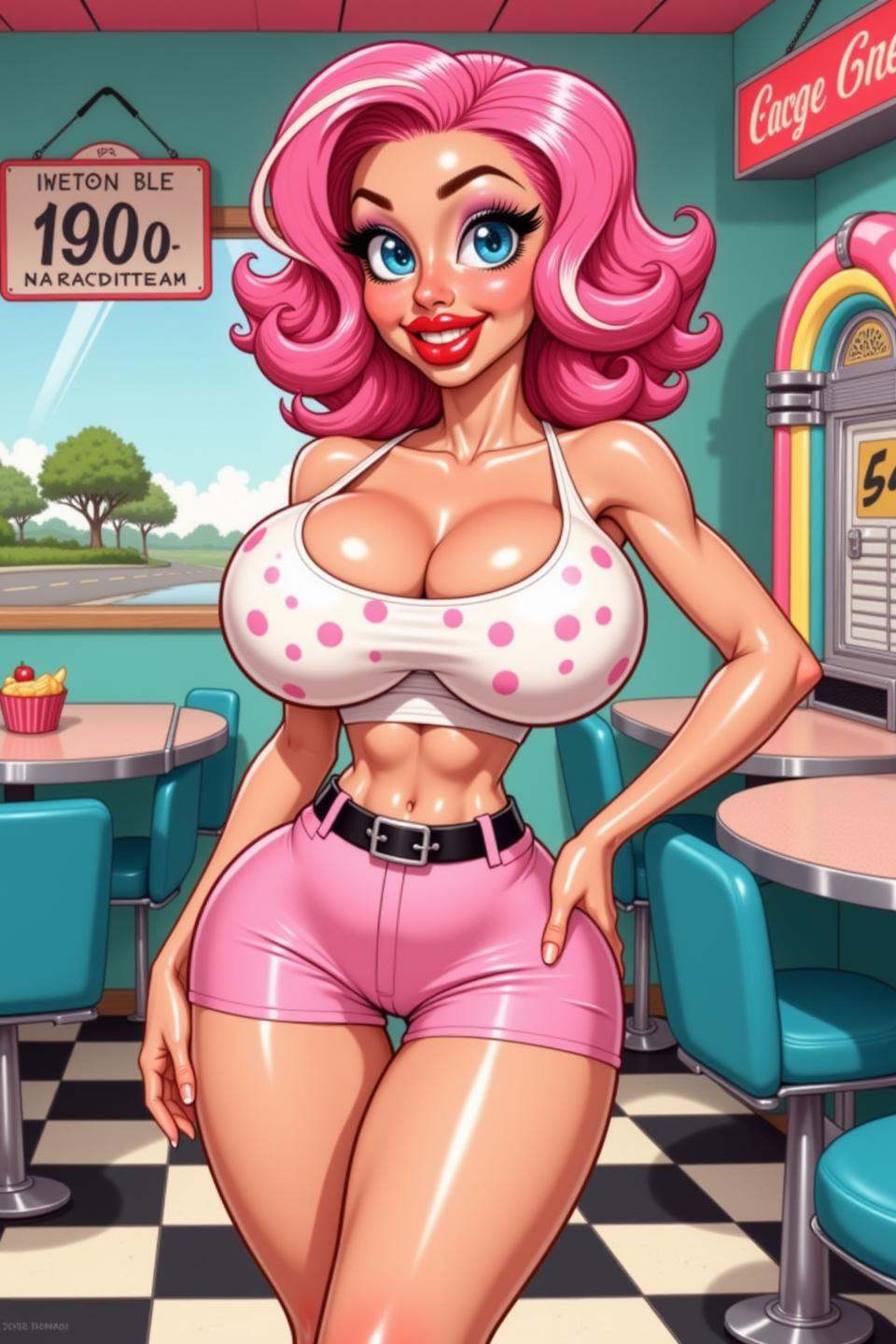 An ethereal bimbo woman drawn in a retro cartoon style,  with bold outlines,  flat faded colors on Tensor.Art