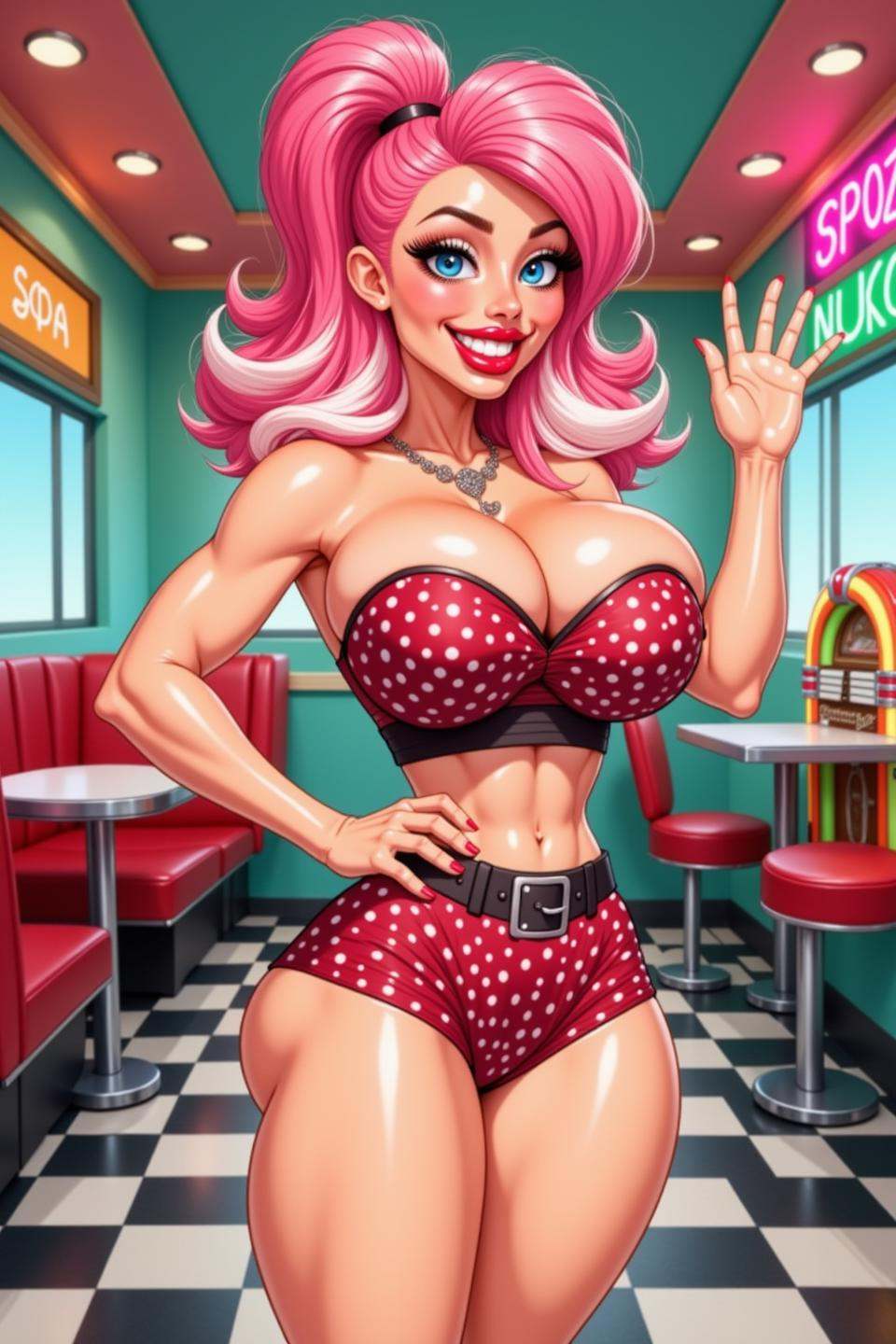 An ethereal bimbo woman drawn in a retro cartoon style,  with bold outlines,  flat faded colors on Tensor.Art