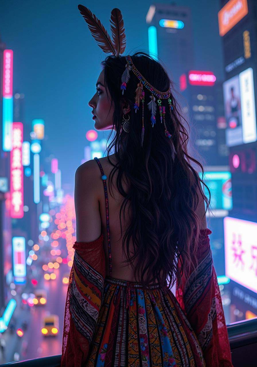 A bohemian woman standing on a neon-lit rooftop in a bustling cyberpunk city at night,  her flowing,  layered textures of...