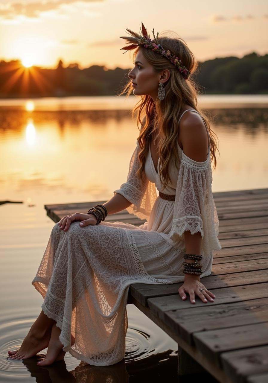 A bohemian woman sitting on the edge of a wooden pier overlooking a calm lake at sunrise,  her feet playfully dipping into...