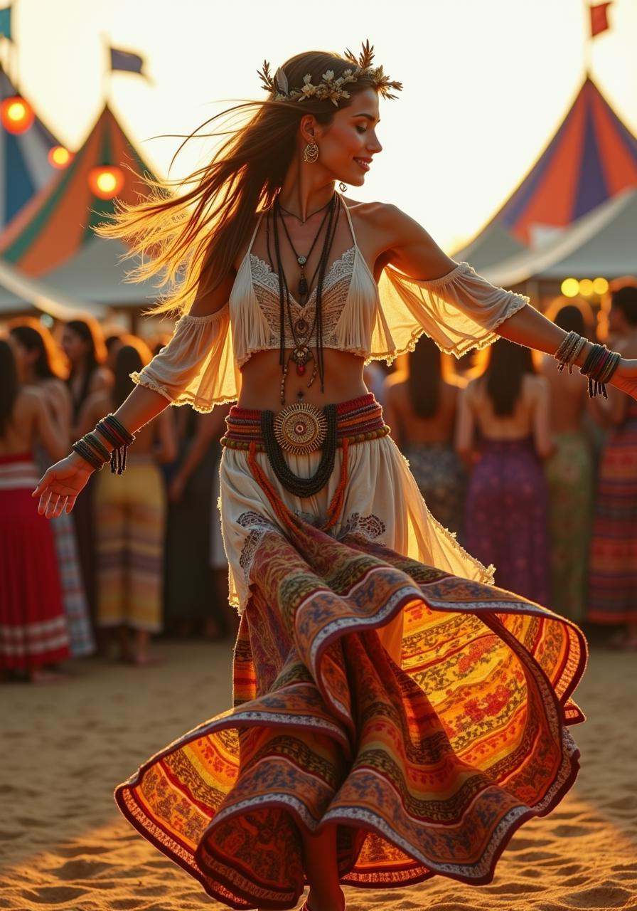 A bohemian woman dancing freely at a vibrant gypsy festival,  her flowy,  patterned skirt twirling in motion on Tensor.Art