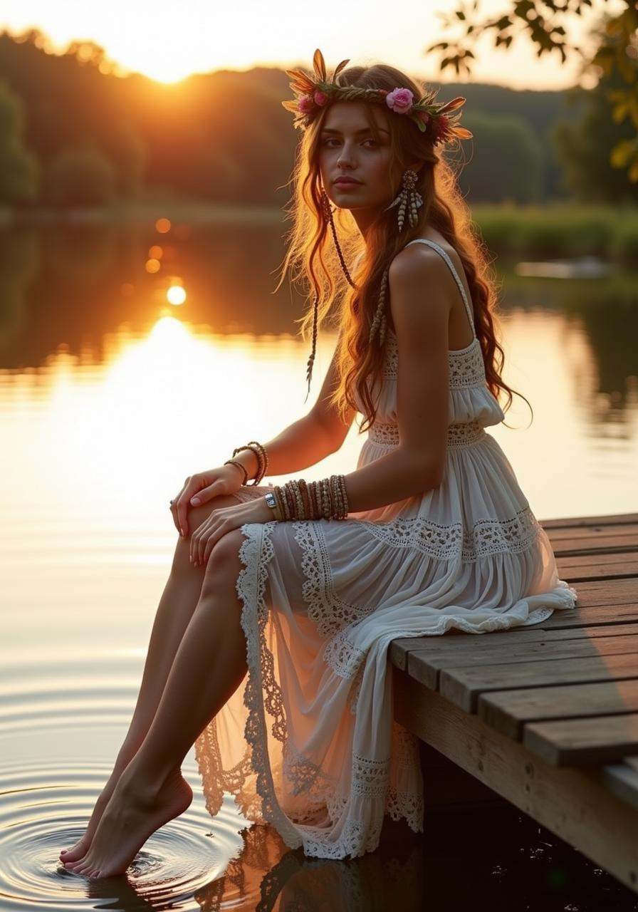 A bohemian woman sitting on the edge of a wooden pier overlooking a calm lake at sunrise,  her feet playfully dipping into...