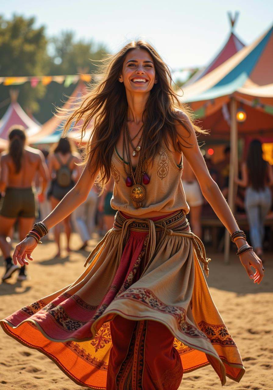 A bohemian woman dancing freely at a vibrant gypsy festival,  her flowy,  patterned skirt twirling in motion on Tensor.Art