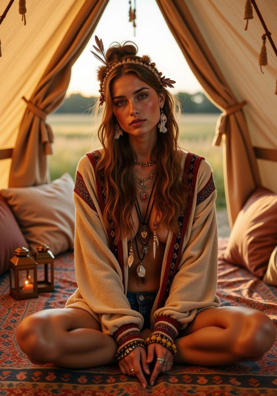 A bohemian woman sitting cross-legged on a patterned rug inside a cozy tent,  surrounded by soft pillows and flickering la...
