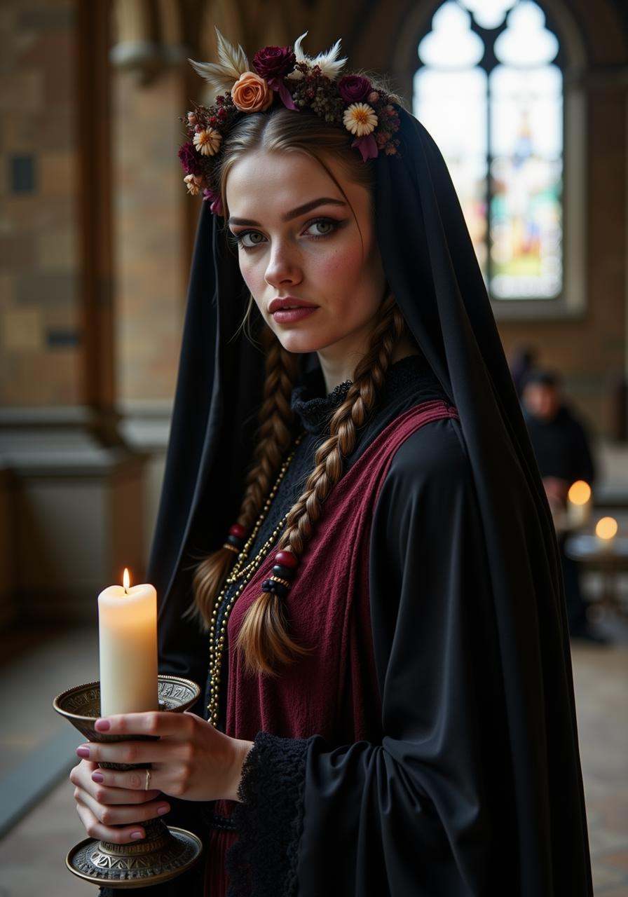 A bohemian gothic nun stands solemnly in the shadowy halls of a grand,  ancient cathedral. Her flowing black and deep burg...