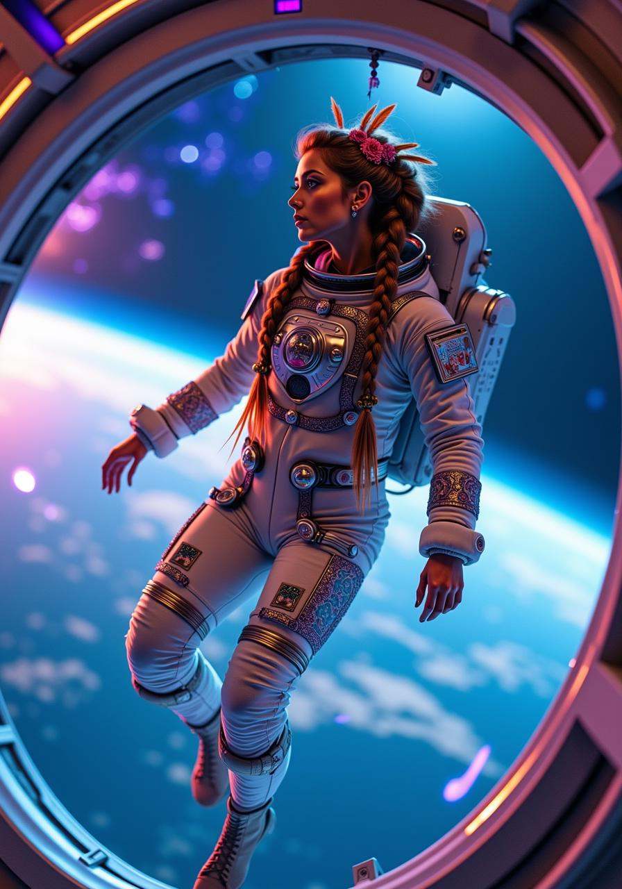 A female bohemian astronaut floats gracefully in zero gravity inside a futuristic space station,  her spacesuit blending t...