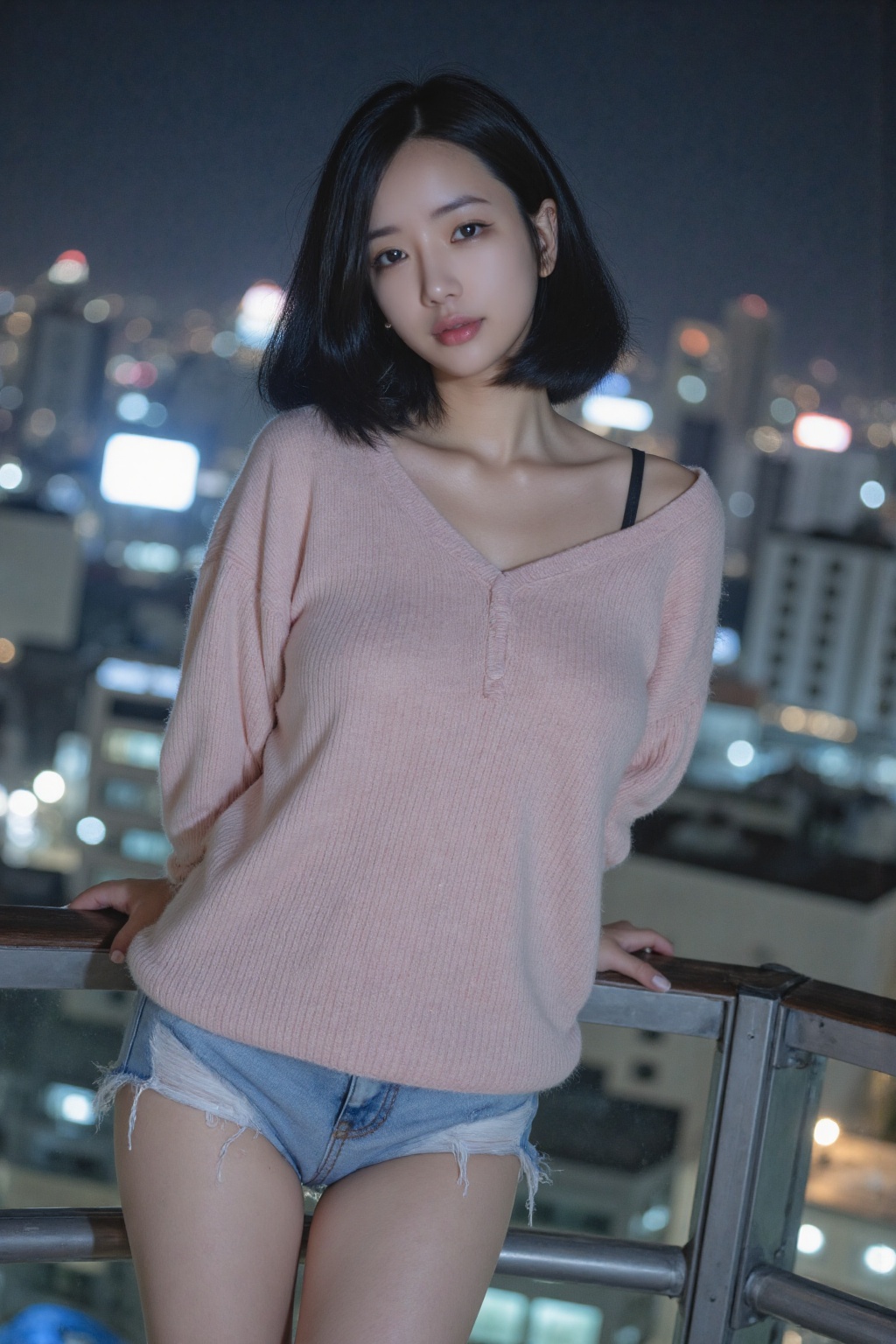 A breathtaking portrait of a beautiful girl with shoulder-length dark hair,  wearing a light-pink oversized sweater and a...