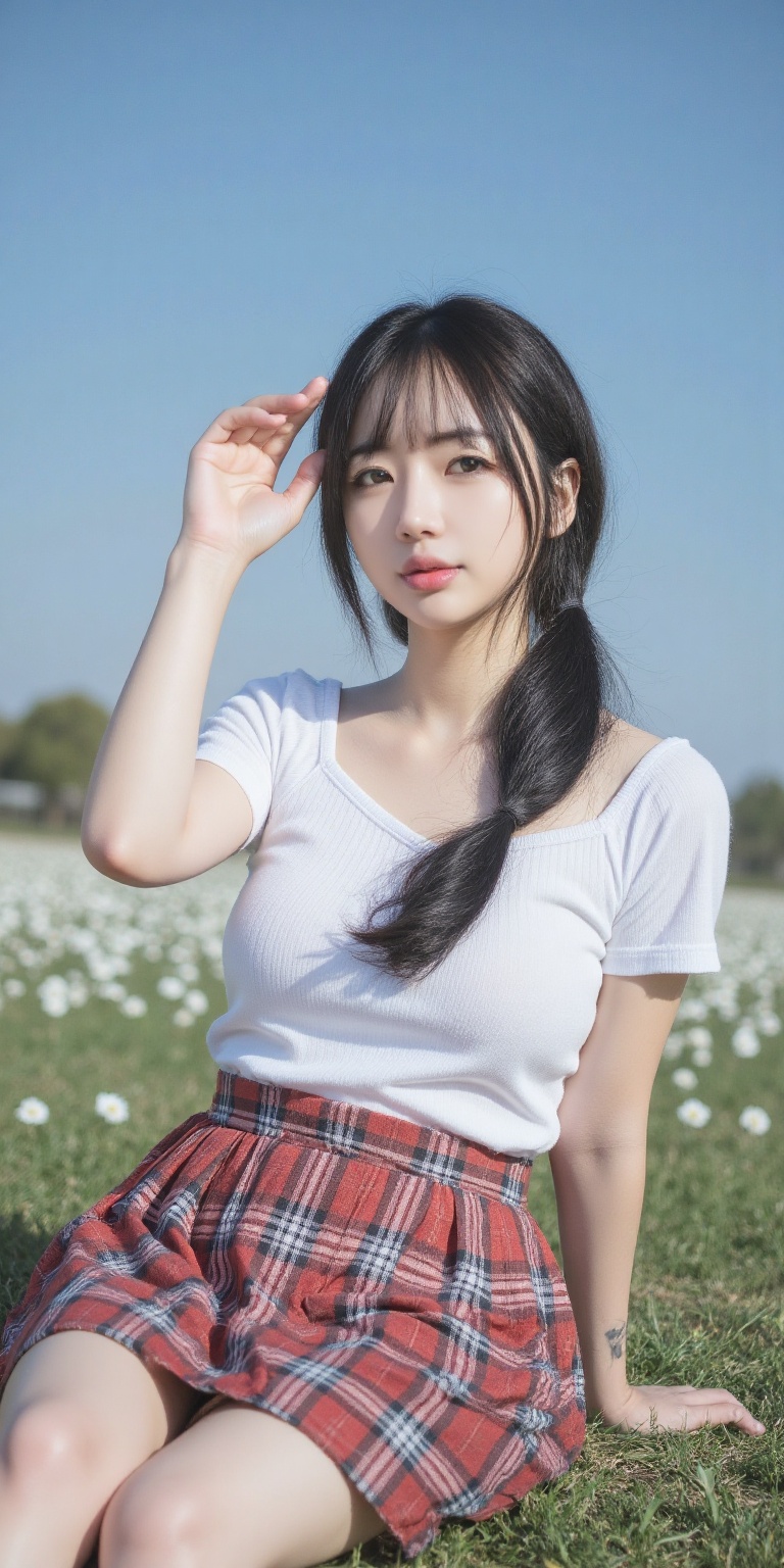 A beauty_asian young lady,  dressed in a Japanese JK uniform,  sits comfortably on the sun-kissed grass. Her side ponytail...