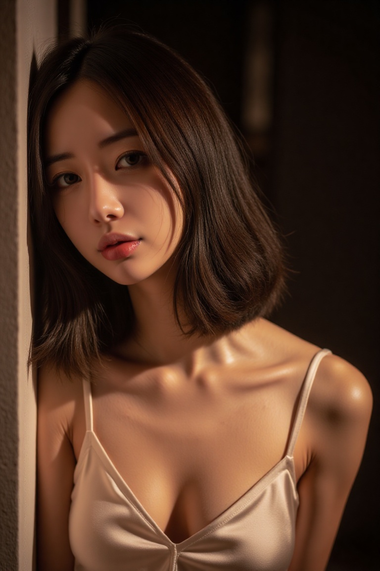 portrait of a Thai woman with wavy,  tousled brown hair,  partially covering her face. Her dark on Tensor.Art