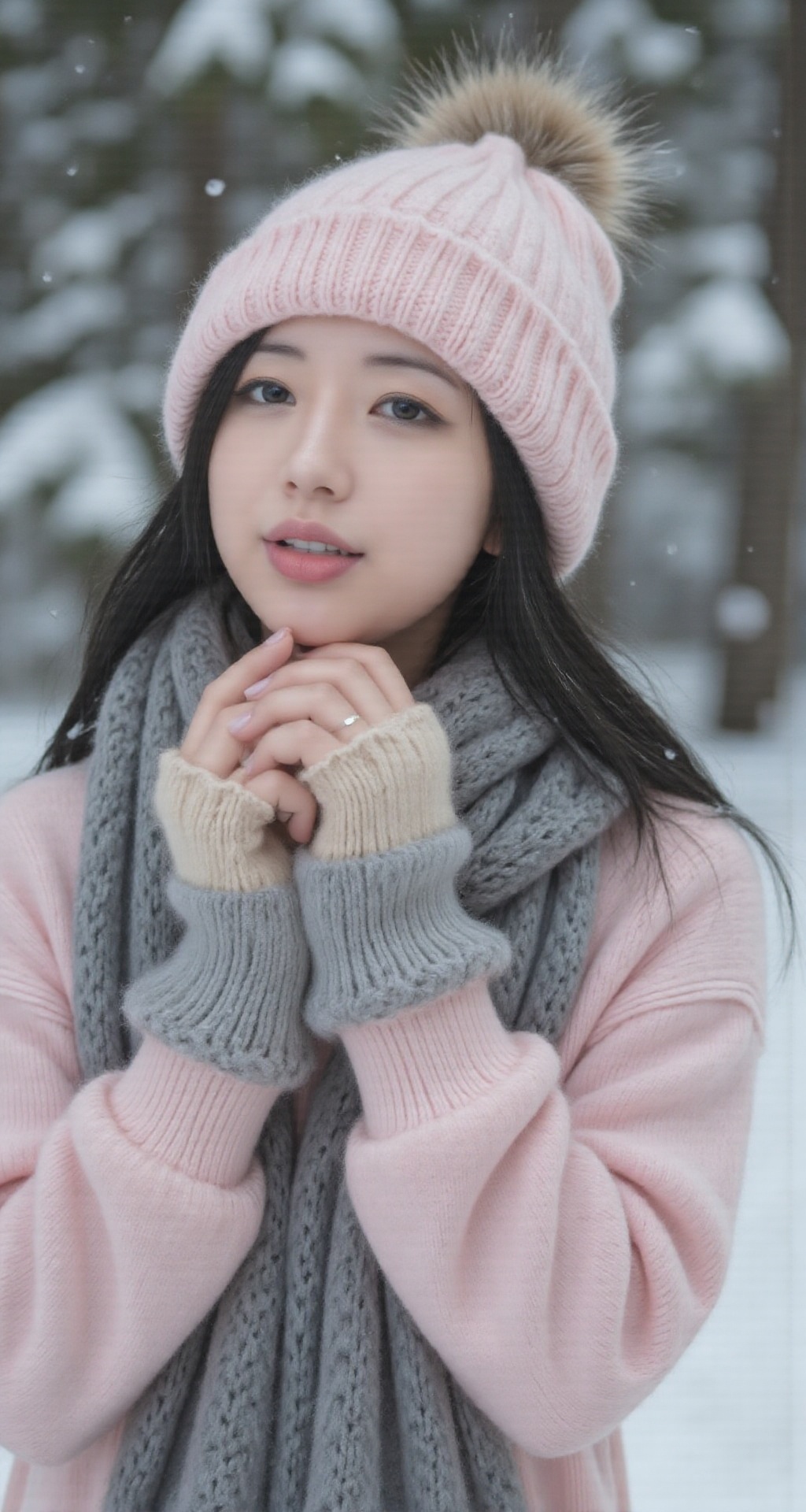 A woman with an angelic face and a sweet and radiant expression. Her skin is clear and smooth,  with cheeks slightly rosy...