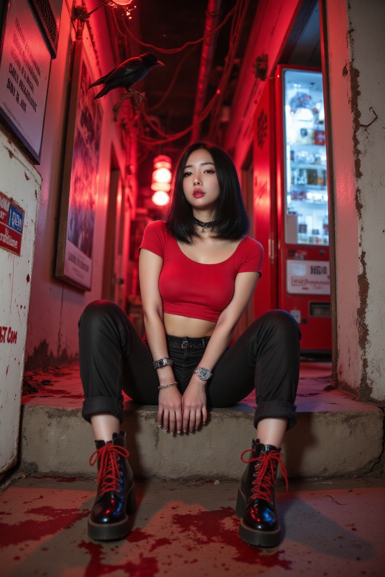 The image slams you with a jaw-dropping Japanese chick parked on a beat-up concrete step,  legs kicked apart like she owns...