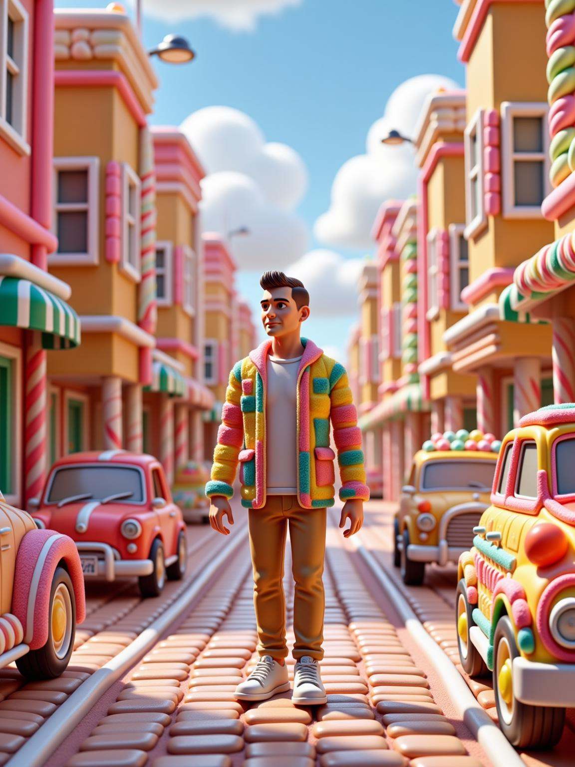 A man walking through the streets of a city in candyland and everything is made of candy. Candy cars next to the man. on T...
