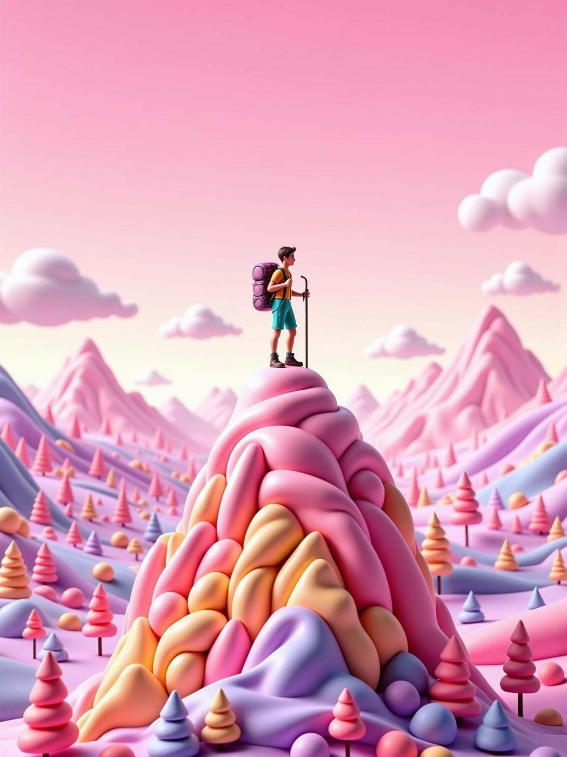 A Man Hiking to the Summit of a Mountain in candyland style. A lone man stands triumphantly at the peak of a mountain,  ha...