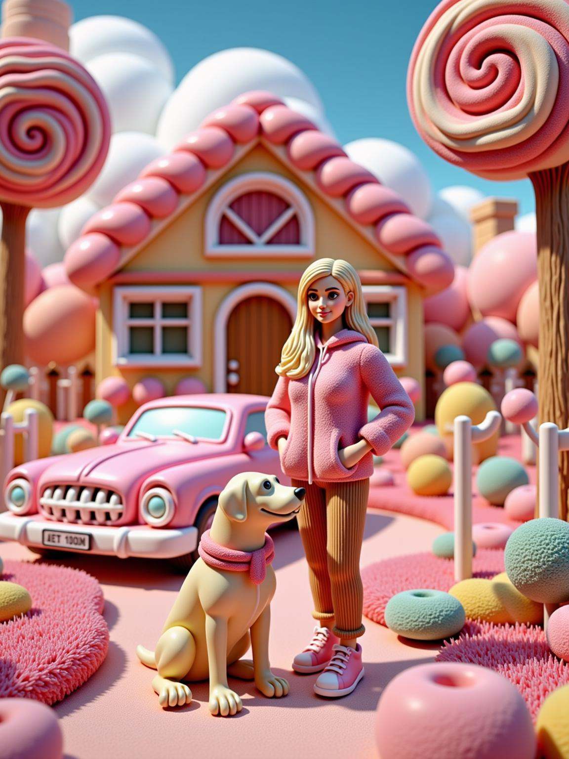 A woman standing next to her dog in front of her house in candyland where everything is made of sweets and candy. In the d...