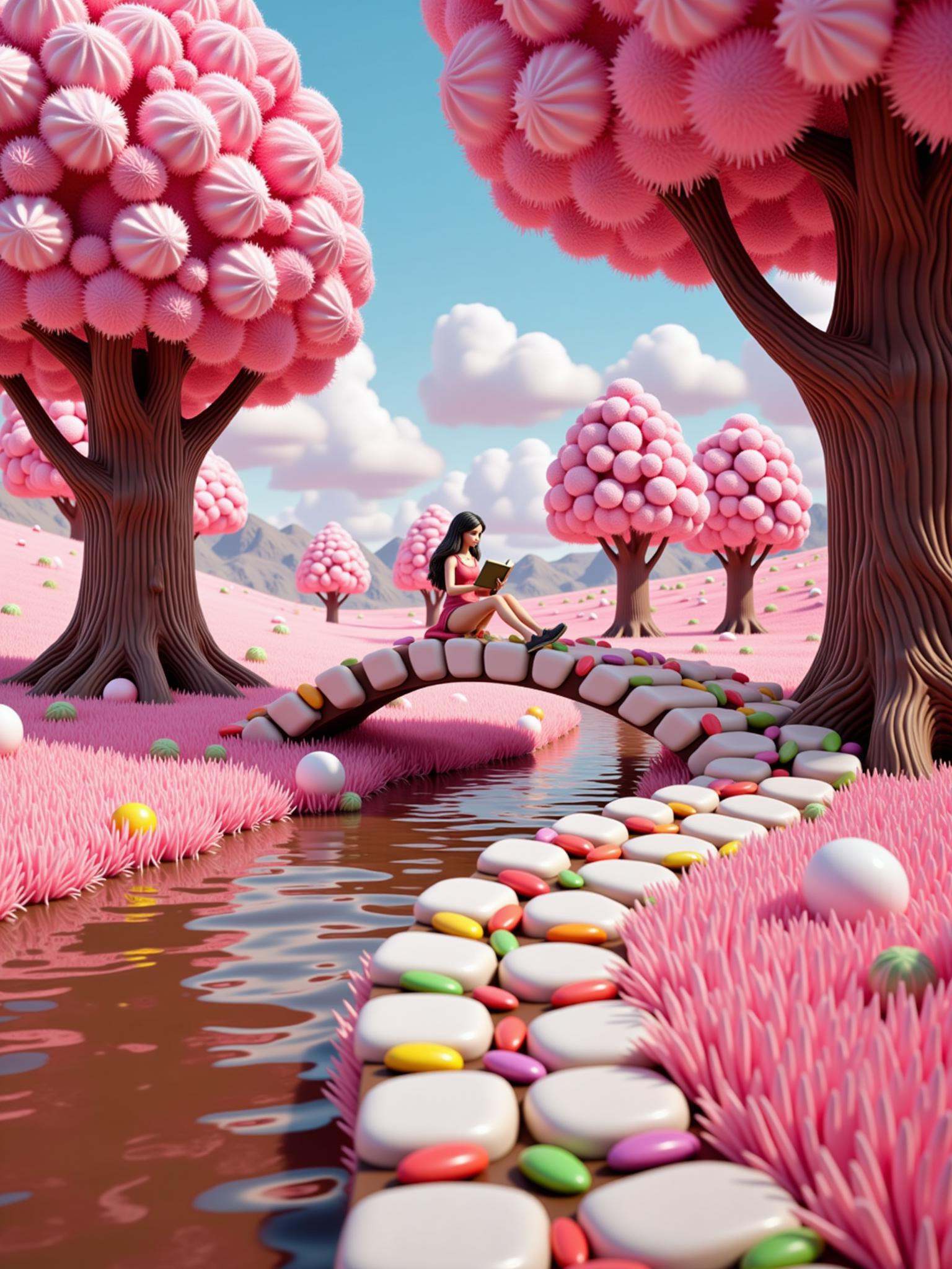 A woman reading a book under a tree by the chocolate colored river and a path with a white candy stone bridge leads over a...