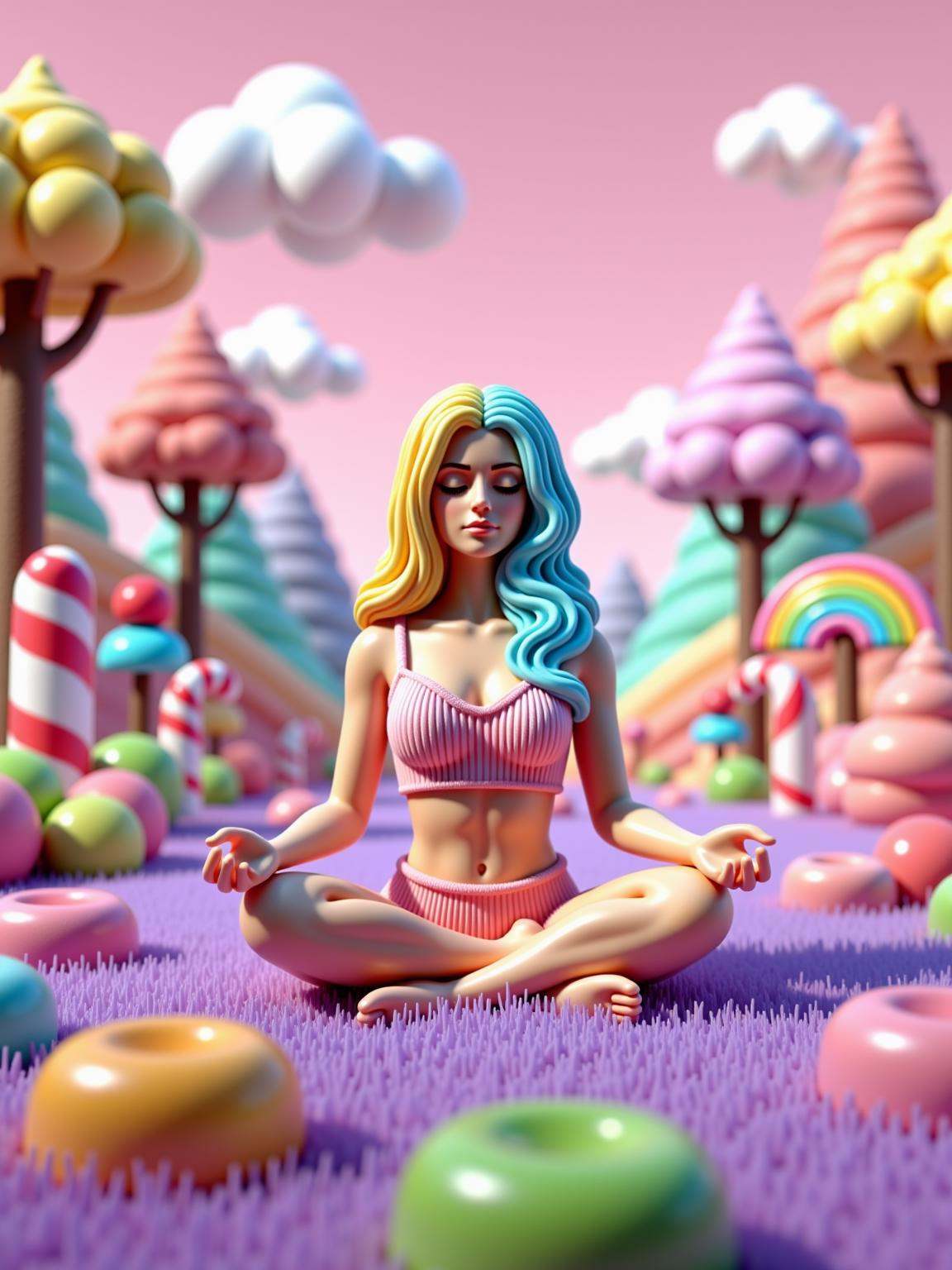 A Woman Meditating in a Serene Garden in candyland style. A woman sits cross-legged in a tranquil,  lush garden surrounded...