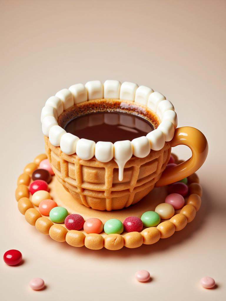 A cup of coffee on a cookie-saucer and everything is made of candy. on Tensor.Art