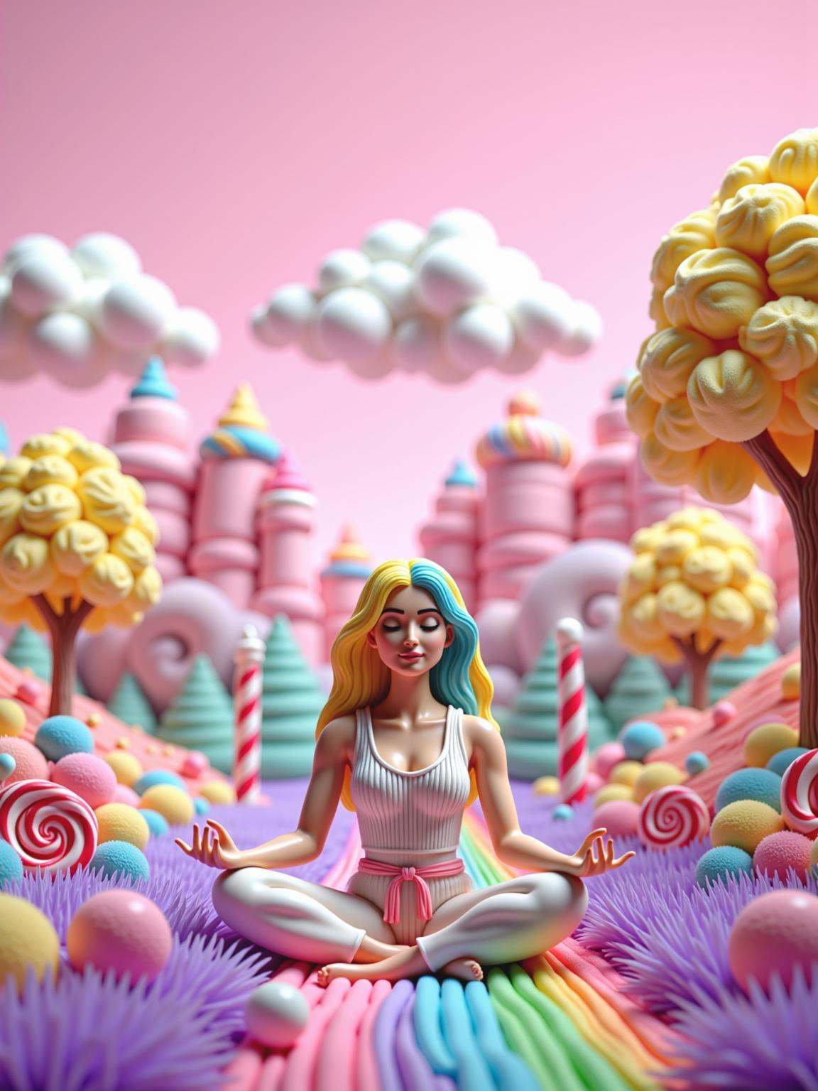 A Woman Meditating in a Serene Garden in candyland style. A woman sits cross-legged in a tranquil,  lush garden surrounded...